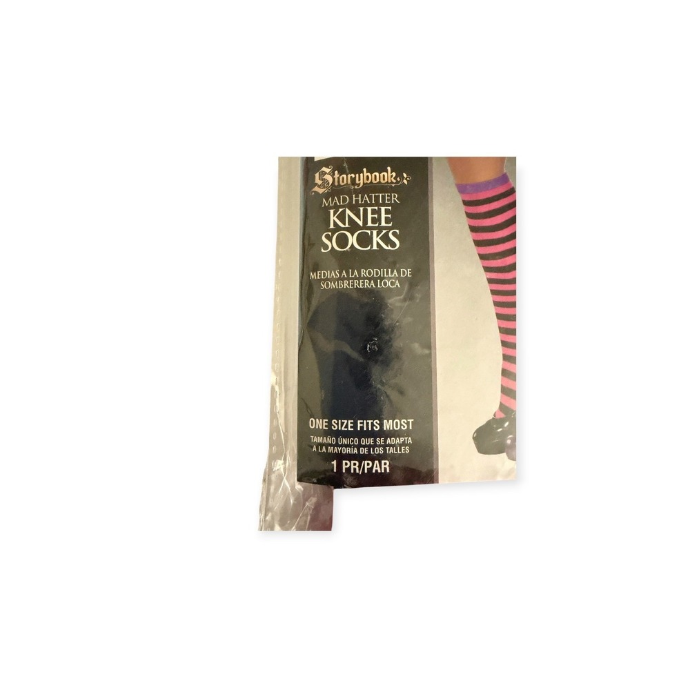 Storybook Mad Hatter Knee High Socks Womens OSFM Pink Black Halloween Costume - Picture 3 of 4
